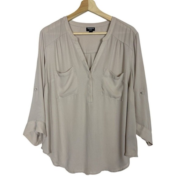 Torrid Blouse 1X Harper Pullover 3/4 Sleeve Sheer Flowy Pastel Pink Office Chic - Picture 3 of 11